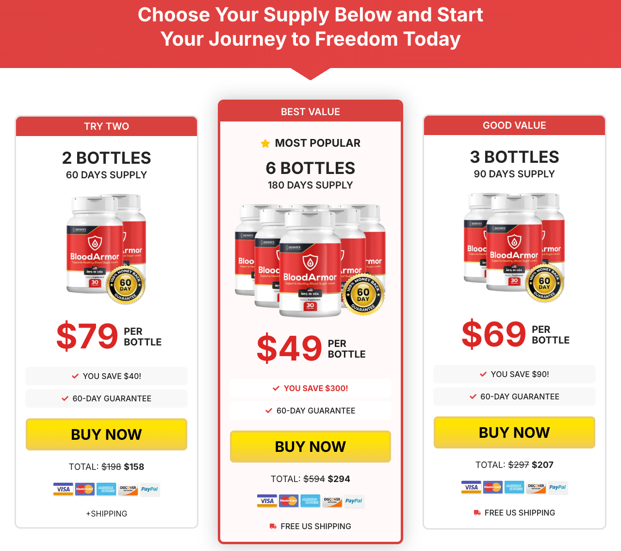 Blood Armor promotional two-, three- and six-bottle purchase options