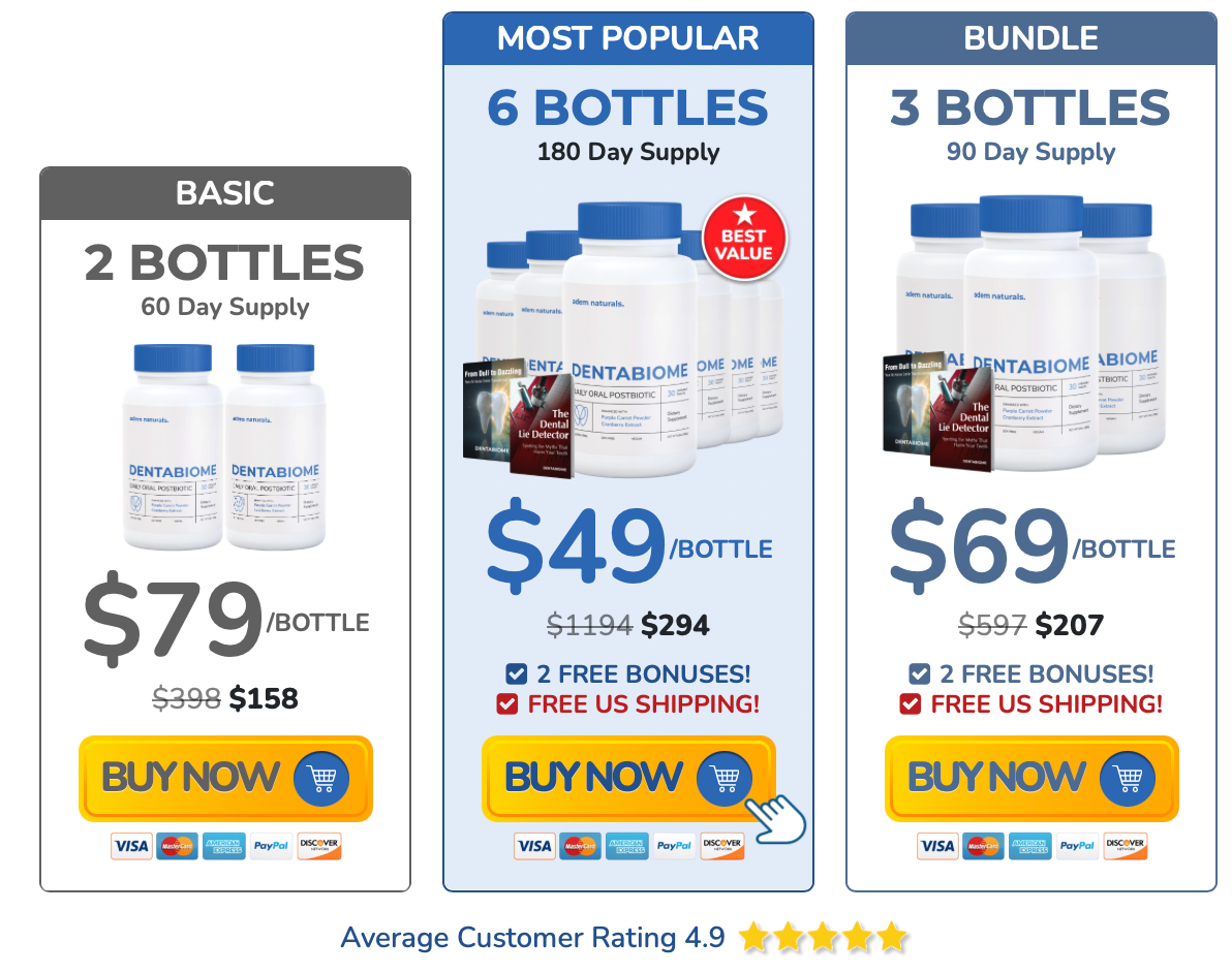 DentaBiome merchant offer showing 2, 3 and 6 bottle package options