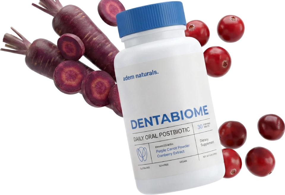 DentaBiome bottle with product ingredients and purple carrots