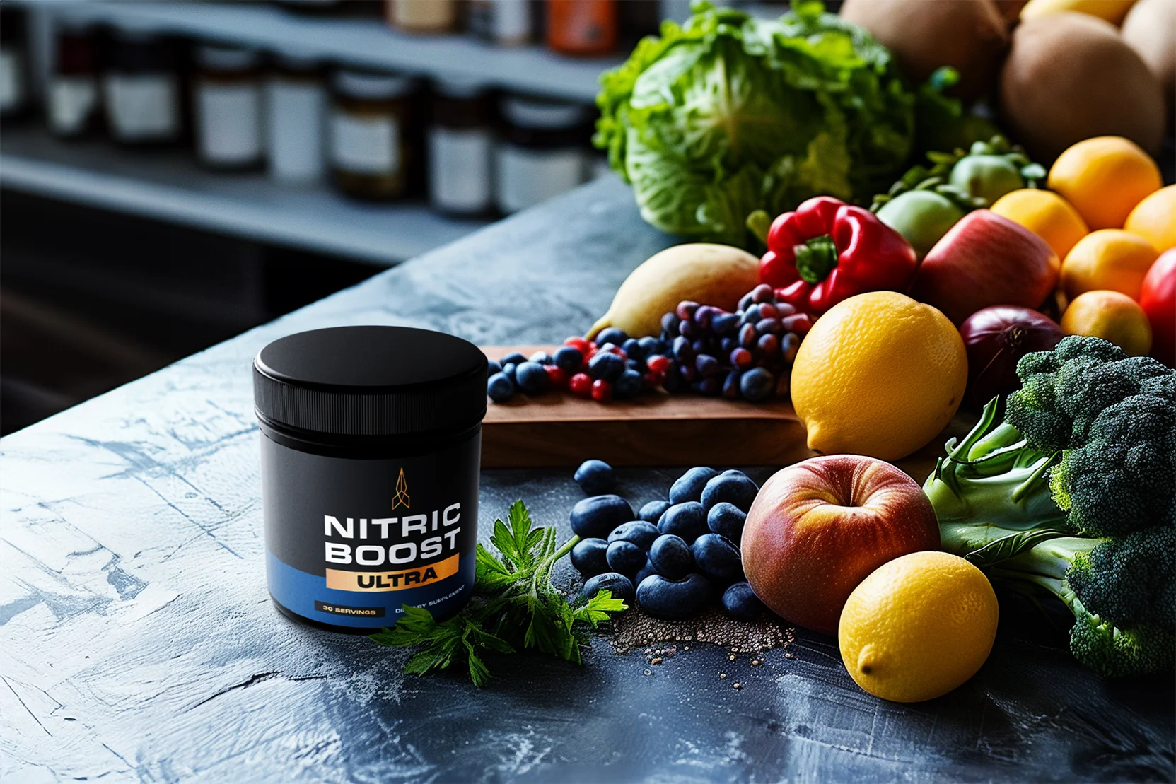 Nitric Boost Ultra bottle with ingredient and food context