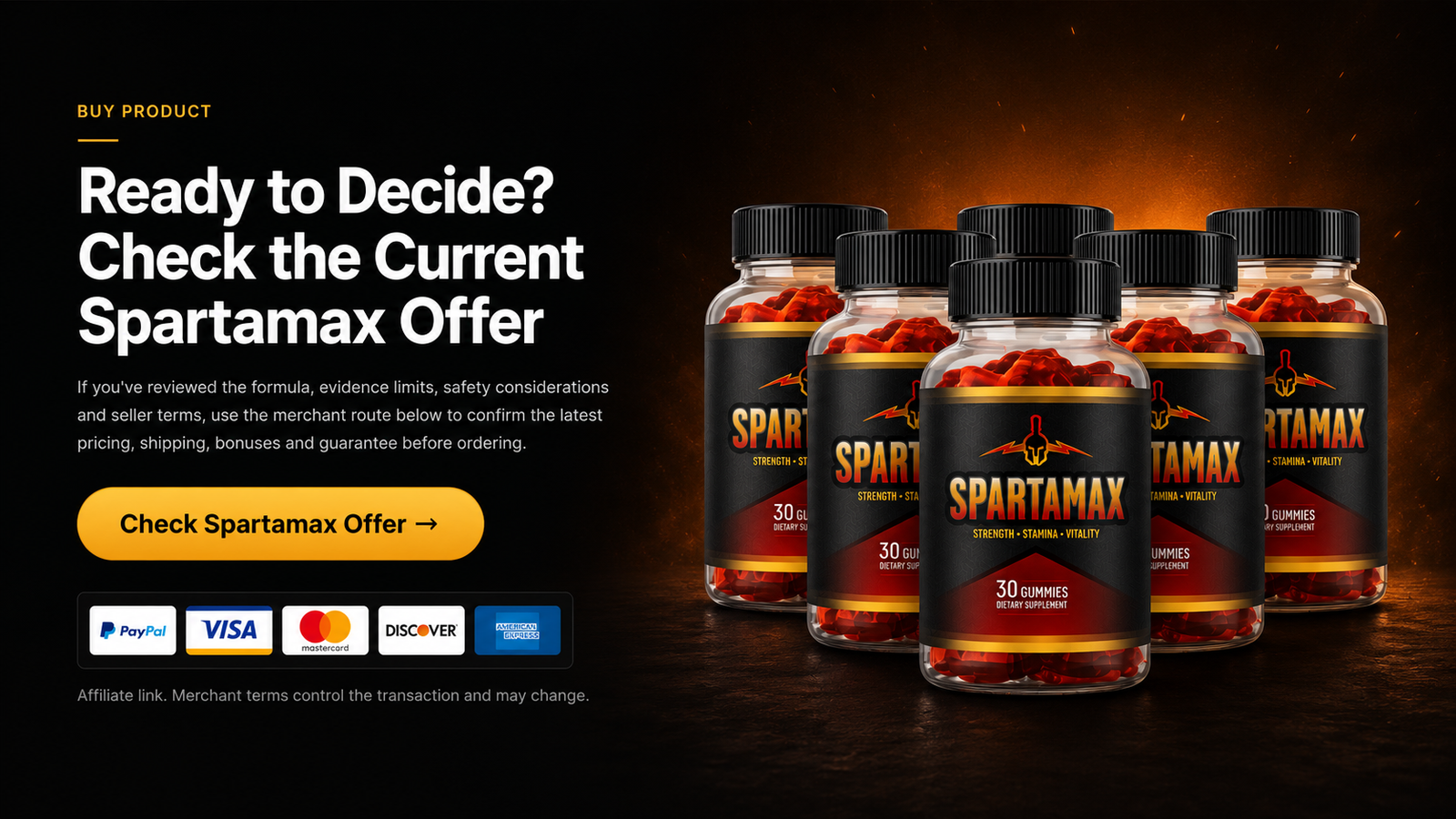 Spartamax offer banner with dark black-to-orange background, product bottles, call-to-action button and payment icons